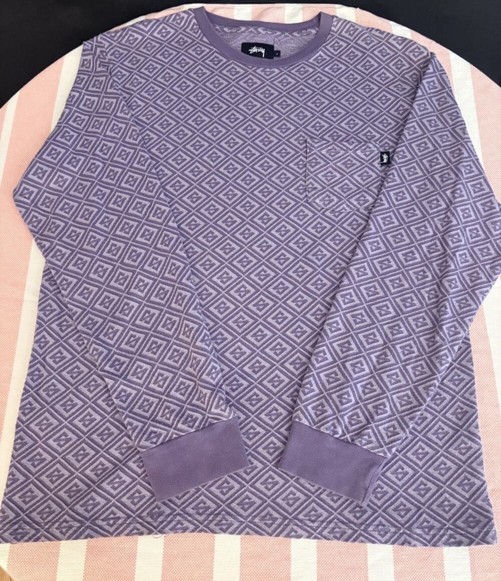 Vintage Y2k Stussy Purple Geometric All Over S Print Pocket T-Shirt Size Large
